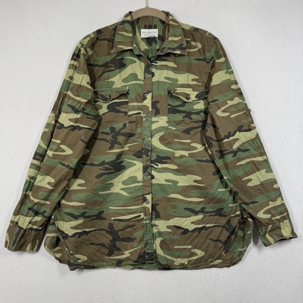 Ralph Lauren Denim & Supply Top Womens Large Camo Button Shirt Military Army Y2K